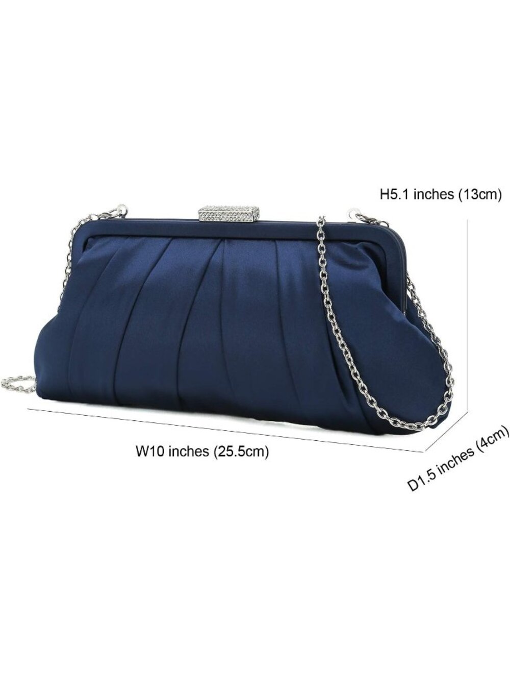 〽️ Women's Navy Pleated Satin Clutch Bag Diamante Embellished Wedding Formal - Picture 5 of 6